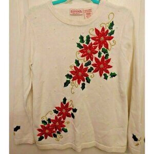 Vintage Small Holiday Christmas Sweater S Green White Red Embroidered Jumper